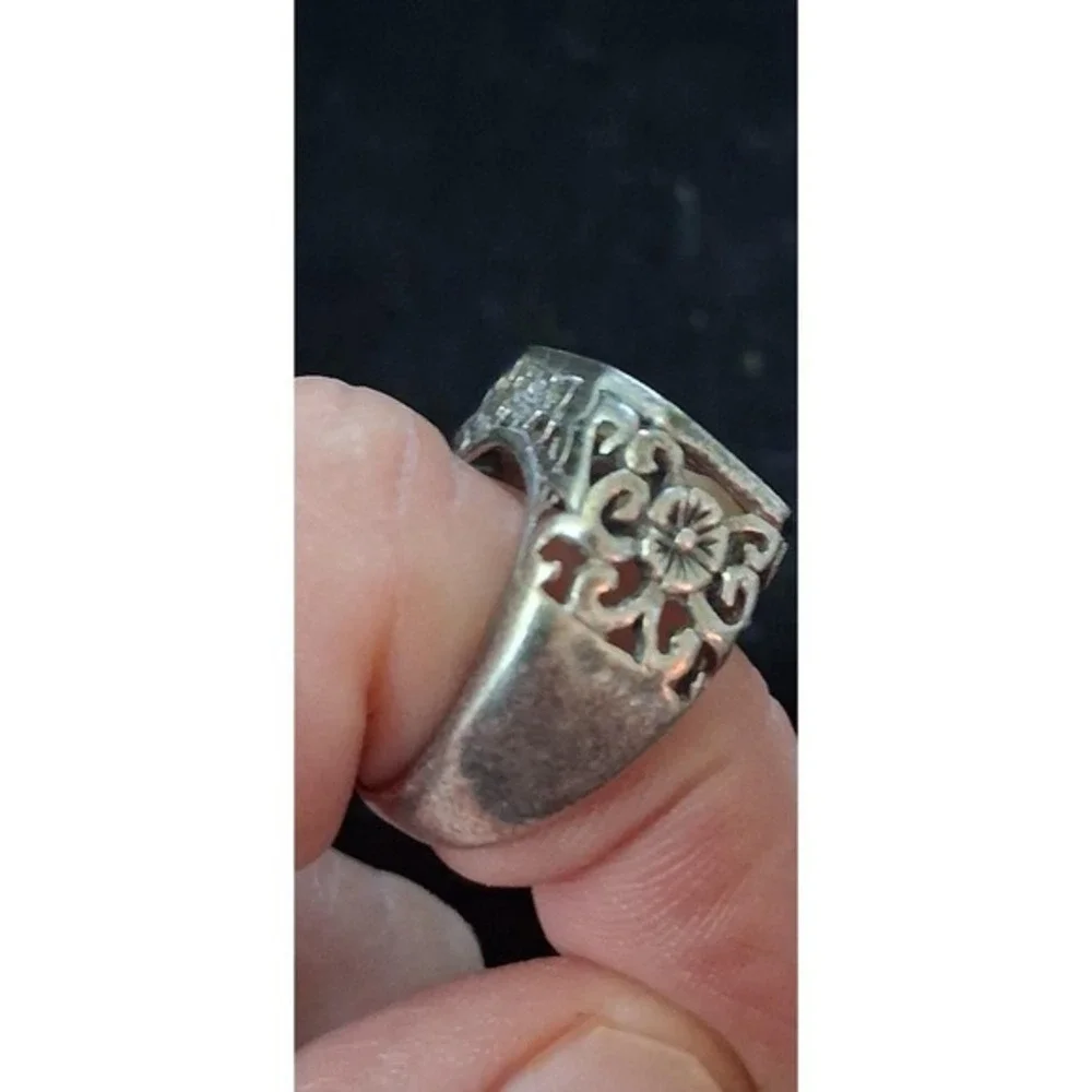 Sterling silver mosaic Abalone inlay Statement ring Size 7/ 1960s